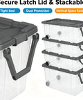 High Capacity Wheeled Storage Bins Featuring Smooth Glide Casters And Heavy Duty Stack Design Clear Plastic Rolling Containers stacked with secure latch lids.