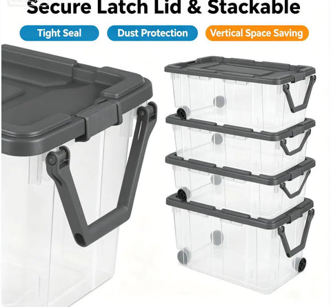 High Capacity Wheeled Storage Bins Featuring Smooth Glide Casters And Heavy Duty Stack Design Clear Plastic Rolling Containers stacked with secure latch lids.