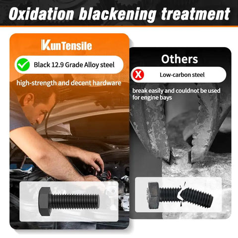 Comparison of Black 12.9 Grade Alloy Steel and Low-Carbon Steel, highlighting Pro Grade 12.9 Bolts and Nuts Set, 472-Piece M6 M8 Hex Bolt Nut Kit.