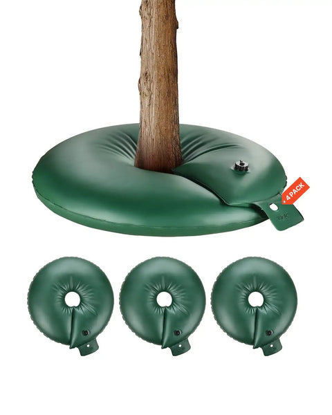 Tree Watering Bag Set Slow Release 4 Pack 20 Gallons Watering Rings around tree trunk showing heavy duty drip irrigation system.