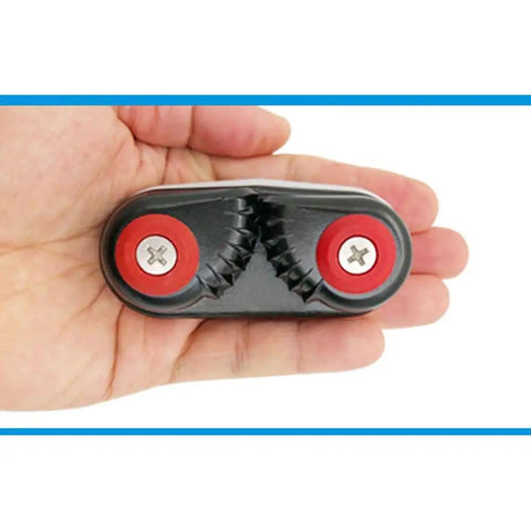 2 Pack Kayak Cam Cleats Aluminum Boat Cleats held in hand, featuring red and black scratch-resistant base for secure line grabbing