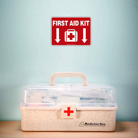 First Aid Kit wall decal sign, red vinyl 10 x 7 in with white arrows and cross