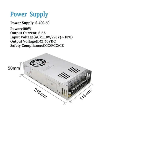 Power supply S-400-60, 400W, 60VDC, 215x115x50mm for 1 To 3 Axis NEMA 34 Closed Loop Stepper Motor With Encoder Driver Hybrid Servo Pro Grade 4.5 8.5 12 Nm 6A 86mm Kit Includes 400W Power Supply And Five Kit Power Supplies For CNC Milling Robotic Projects.