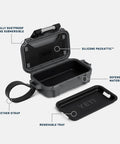 GoBox 1 Divided Waterproof Dry Box with open lid, tether strap, removable tray, showing submersible IP65 IP67 PackAttic design.
