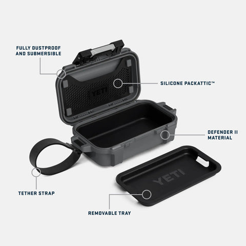 GoBox 1 Divided Waterproof Dry Box with open lid, tether strap, removable tray, showing submersible IP65 IP67 PackAttic design.
