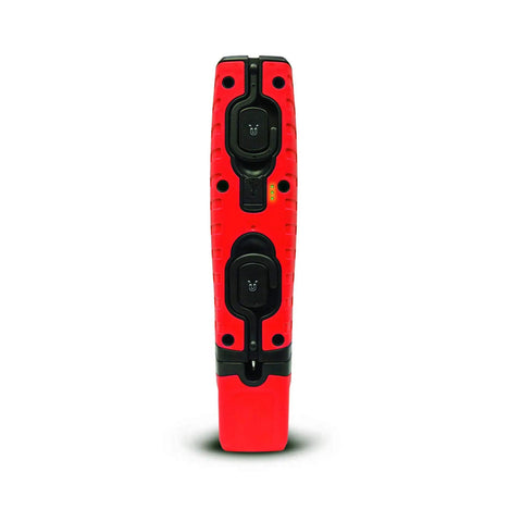 Back view of LED Cordless Work Light With Magnet Torch, 360 Degree Swivel, red casing, magnetic base, USB Rechargeable Lithium Battery.