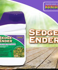 Sedge Ender Concentrated Weed Killer For Lawns 16 Oz with purple cap and green label on wooden surface background.