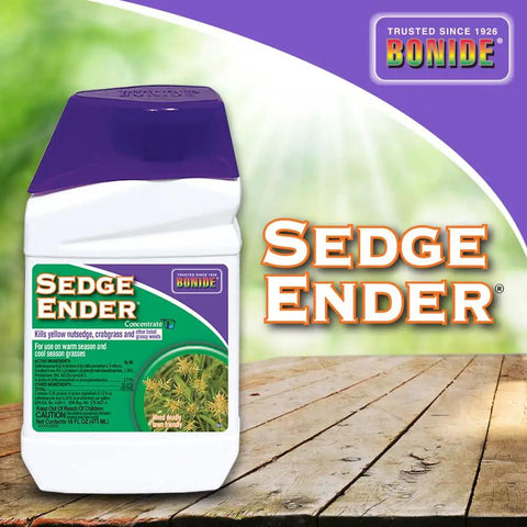 Sedge Ender Concentrated Weed Killer For Lawns 16 Oz with purple cap and green label on wooden surface background.