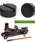 Two Pack Rubber Jack Pads For Floor Jack Stands, Heavy Duty Slotted Frame Rail Protectors shown with size and jack.