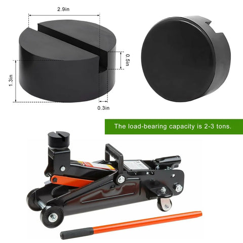 Two Pack Rubber Jack Pads For Floor Jack Stands, Heavy Duty Slotted Frame Rail Protectors shown with size and jack.