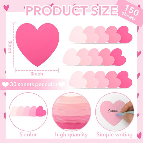 Product details of Pink Heart Index Cards Pack, 150 Count, 3x3 inch, showing size, colors, and use for organization in study or office.