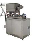 Industrial Grade Game Changer Automatic Paste And Liquid Filling Machine With Quick Mix Hopper For Thick Sauces Honey Olive Oil Vinegar Auto Bag Sealer Plus Cutting System 110V in stainless steel with hopper.