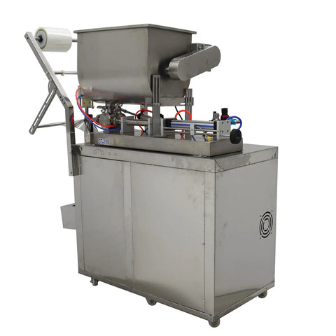 Industrial Grade Game Changer Automatic Paste And Liquid Filling Machine With Quick Mix Hopper For Thick Sauces Honey Olive Oil Vinegar Auto Bag Sealer Plus Cutting System 110V in stainless steel with hopper.