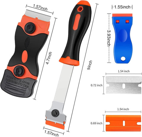 Heavy Duty Window Scraper Tool Set 3 Pack With 50 Plastic Blades And 30 Metal Blades For Taking Off Labels And Stickers, Tint And Grease From Windshields, Glass, Appliances And More