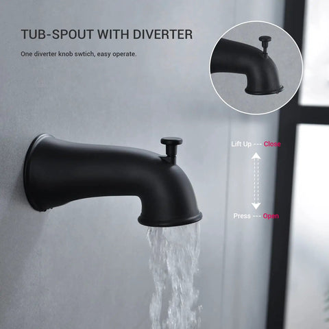 Matte Black Tub and Shower Faucet Set With Pressure Balance Valve, Tub Spout with Diverter pouring water in modern bathroom