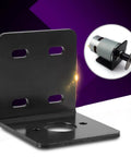 L-shaped black metal DC motor mounting bracket with base plate and slotted holes for 12V/24V Micro 775 motors