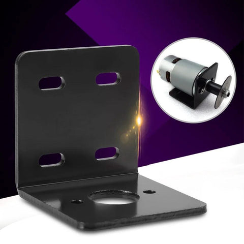L-shaped black metal DC motor mounting bracket with base plate and slotted holes for 12V/24V Micro 775 motors