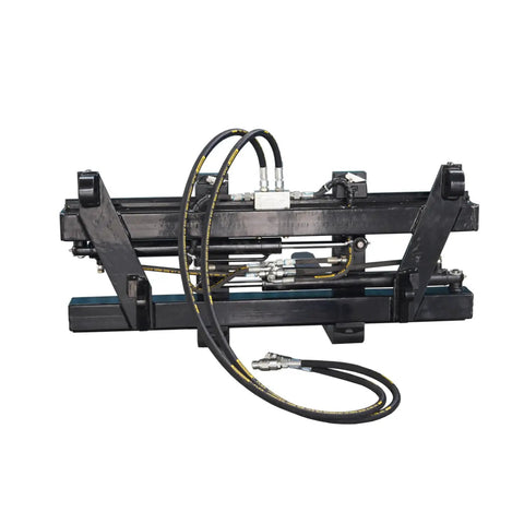 Heavy Duty Skid Steer Hydraulic Pallet Forks Featuring Hella Smooth Adjustable Tines hydraulic system with hoses for efficient lifting.