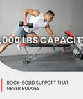 All-In-One Weight Bench For Full-Body Home Gym showing 1,000 lbs capacity with user exercising