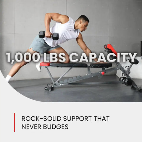 All-In-One Weight Bench For Full-Body Home Gym showing 1,000 lbs capacity with user exercising
