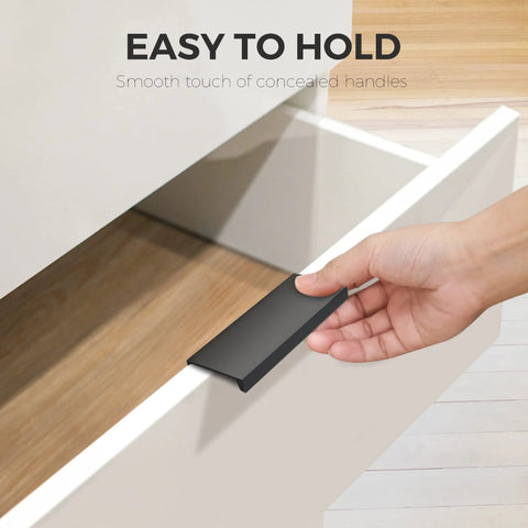 Hand holding black edge pull on drawer, 6 Pack Finger Pulls For Cabinets With 76mm Hole Center And 102mm Overall Length.