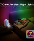 Woman sleeping with 4 In 1 Portable Evaporative Air Cooler With App Control on nightstand emitting colorful LEDs in dark room
