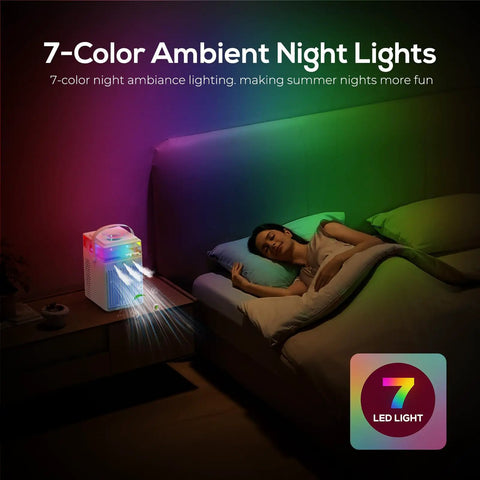Woman sleeping with 4 In 1 Portable Evaporative Air Cooler With App Control on nightstand emitting colorful LEDs in dark room
