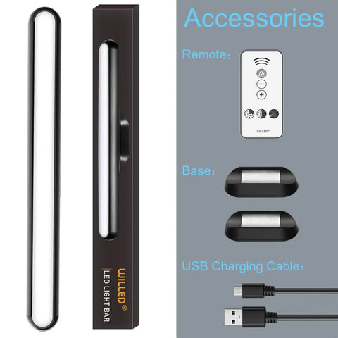 Dimmable Touch And Remote Light Bar With Built In 2000mAh Battery And Magnetic Stick Mount with accessories including remote, base, and USB cable.