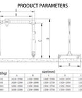 Badass Heavy Duty Adjustable Aluminum Gantry Crane 1100 Pounds Capacity product parameters illustration with dimensions and load chart.
