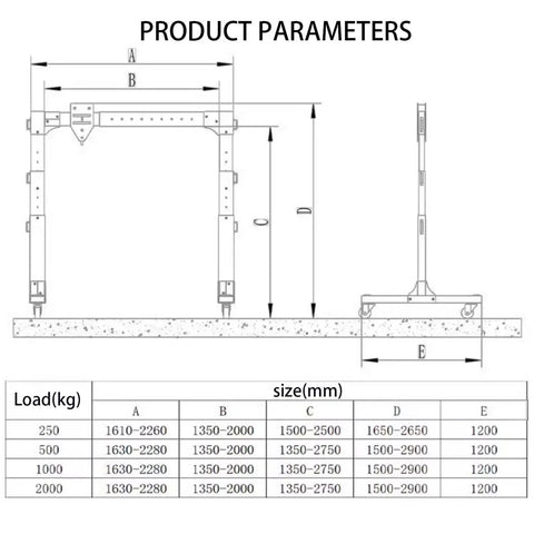 Product parameters diagram for Portable Aluminum Gantry Crane And Adjustable Two Post Shop Hoist With Rock Solid Heavy Duty Frame Rated For 4400 Lbs.