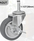 3 Inch Heavy Duty Rubber Caster Wheels With Locking Brakes M8 X 1.5 Threaded Stem close-up industrial castor view