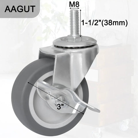 3 Inch Heavy Duty Rubber Caster Wheels With Locking Brakes M8 X 1.5 Threaded Stem close-up industrial castor view