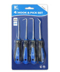 Pro Grade Precision Hook And Pick Set For Automotive Work Four Piece Hand Tool Kit with rubber grips in packaging