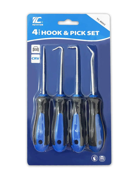 Pro Grade Precision Hook And Pick Set For Automotive Work Four Piece Hand Tool Kit with rubber grips in packaging