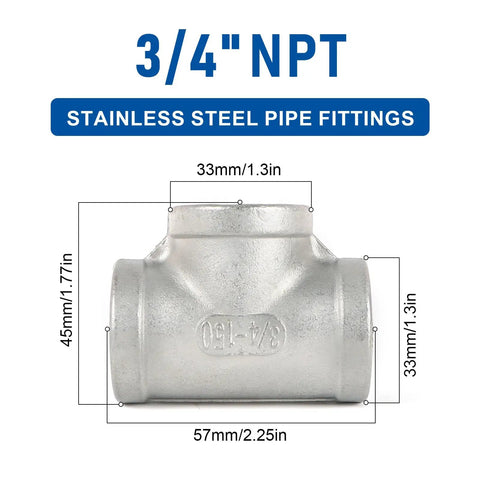 4 Pack 304 Stainless Steel Tee Pipe Fittings 3/4 Inch X 3/4 Inch X 3/4 Inch NPT Female Thread Adapters