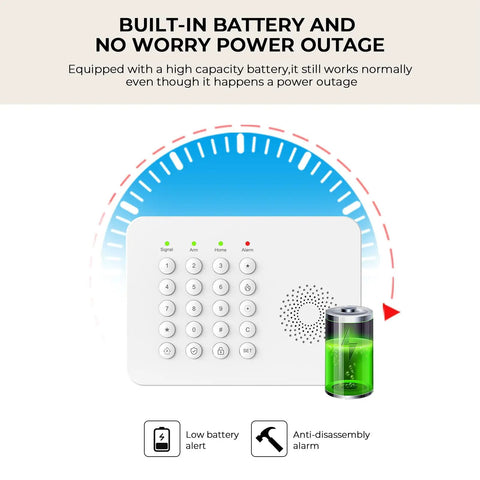 Built-in battery home alarm system control panel with keypad, low battery alert, and anti-disassembly alarm features.