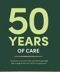 50 Years of Care graphic highlighting support for health with vitamins and supplements over a dark green background.