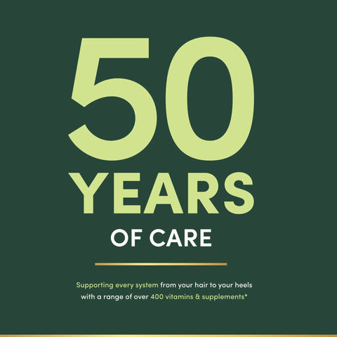 50 Years of Care graphic highlighting support for health with vitamins and supplements over a dark green background.