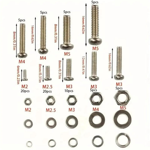 All In One M2 To M5 Metric Hex Nut Bolt Screw Set For Electronics, 3D Printing, Furniture, And Repairs, Includes M2 M3 M4 M5 Nuts And Bolts For Precise Projects, Great For DIYers, Makers, And Small Workshops. Mixed M2-M5 bolts and nuts displayed with sizes and lengths.