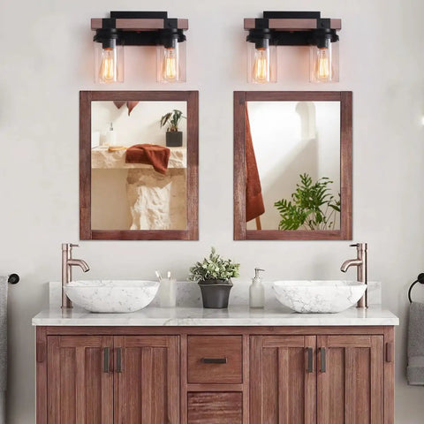 Two Light Farmhouse Vanity Light Over Mirror With Faux Wood Grain Finish, Rustic Vintage Bathroom Sconces, E26 Bulb Base