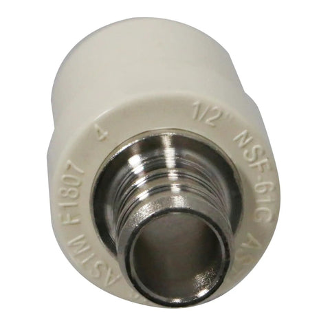 Close-up of a 1/2 inch brass PEX to CPVC transition coupling from Ten Piece Brass PEX To CPVC Transition Coupling Set One Half Inch Crimp Fittings For All PEX Tubing Brands PEX B