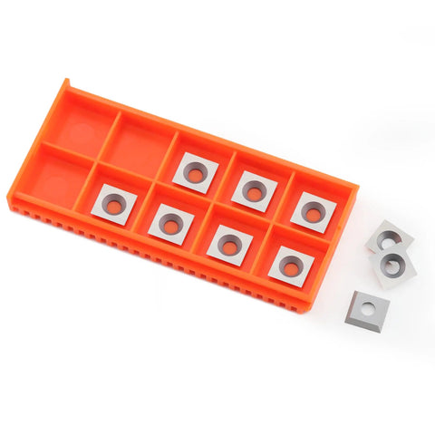 Rock Solid 11mm Square Carbide Roughing Inserts With Mounting Screws For Mini Woodturning Lathes shown in orange holder.