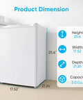 Product dimensions of White 3.0 Cu Ft Upright Freezer With 7 Adjustable Temp Settings Compact Mini Freezer, showing height, width, and depth.