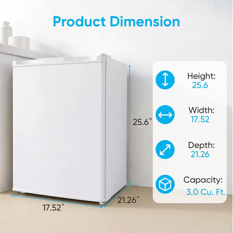Product dimensions of White 3.0 Cu Ft Upright Freezer With 7 Adjustable Temp Settings Compact Mini Freezer, showing height, width, and depth.