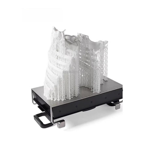 Professional Grade Dead On Precision Resin Print Bed Replacement Plate For Desktop Resin Printers with a 3D printed model on top.