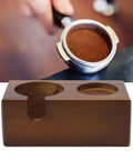Straight Up Solid Beech Wood Coffee Tamper And Protafilter Stand With Handy Side Dock For 51 To 58 MM Brewers showing portafilter detail.