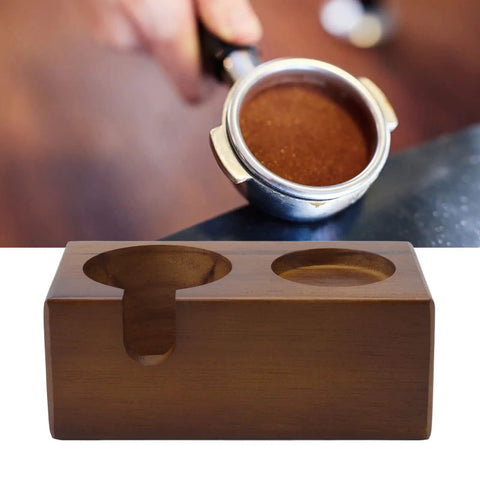 Straight Up Solid Beech Wood Coffee Tamper And Protafilter Stand With Handy Side Dock For 51 To 58 MM Brewers showing portafilter detail.