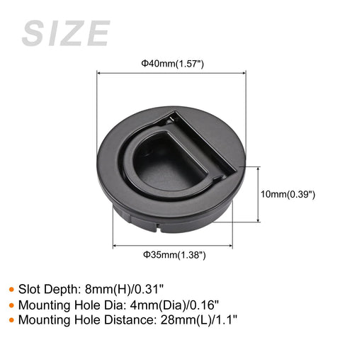 Flush Ring Pull Handle black zinc alloy 35mm with dimensions: 40mm OD, 10mm height, size details, for cabinet and furniture use.
