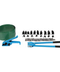 Banding Strapping Kit with Tensioner and Sealer, Steel Cast Aluminum Tool, including green packing belt and accessories