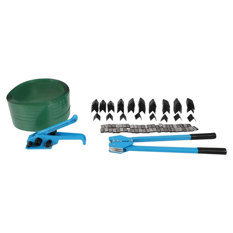 Banding Strapping Kit with Tensioner and Sealer, Steel Cast Aluminum Tool, including green packing belt and accessories